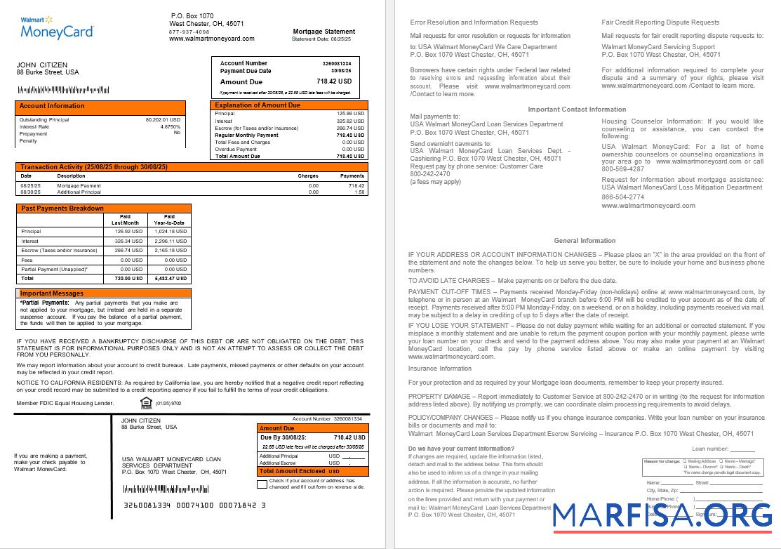 Downloadable USA Walmart Money Card mortgage statement in Word and PDF formats sample